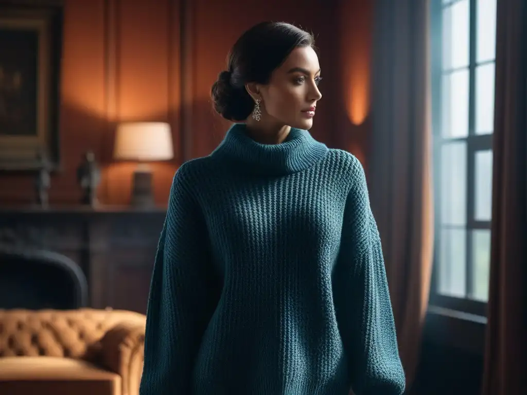 Sofisticado suéter oversized en tono tierra para personas altas Persona elegante en suéter de punto en sala acogedora