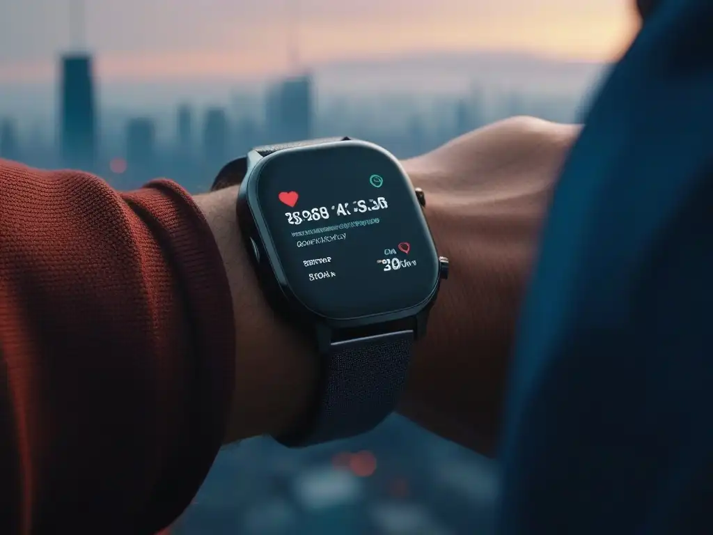 Smartwatch elegante y futurista: conectividad y estilo premium Persona elegante comprueba ritmo cardíaco en smartwatch premium conectado en ciudad futurista al atardecer