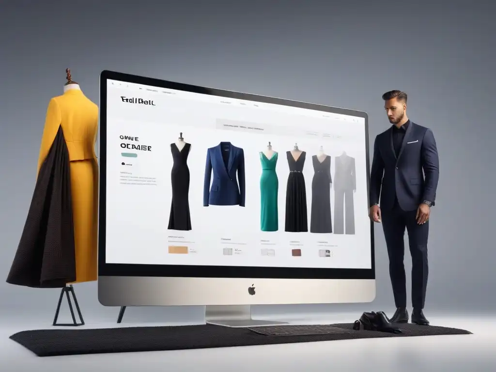 Compra de ropa alta: elegante y conveniente Una persona elegante explorando una tienda online de ropa para personas altas en una pantalla de alta resolución
