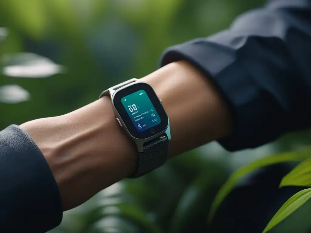 Wearable premium en entorno zen: biometría y sofisticación Persona con un elegante wearable premium rodeada de vegetación y agua, mostrando datos de bienestar emocional