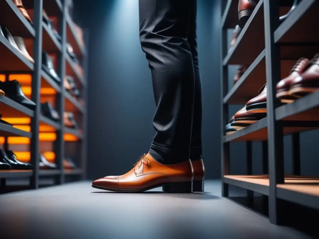 Zapatos modernos para personas altas: tendencia y estilo Una persona elegante con zapatos de tallas especiales para personas altas en una tienda de calzado moderna y minimalista