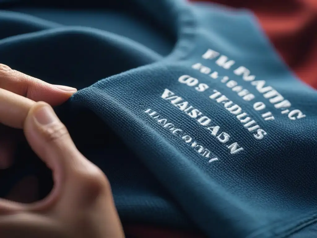 Moda sostenible: examen detallado de etiqueta eco-friendly Persona examinando detenidamente la etiqueta de una prenda sostenible y elegante