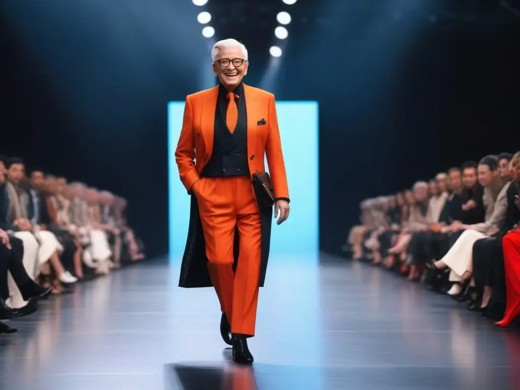 Desfile de moda inclusiva: empoderamiento senior en la pasarela Una persona mayor desfilando con confianza en una pasarela, luciendo un atuendo inclusivo y elegante