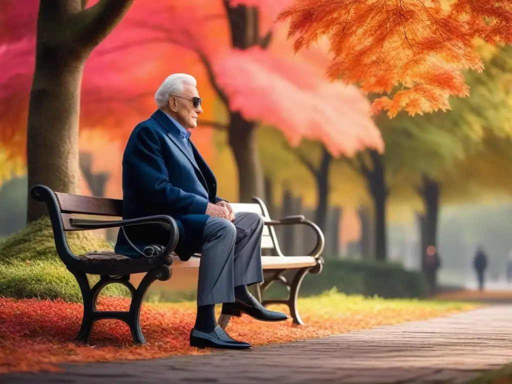 Estilo y comodidad: zapatos modernos para personas mayores Persona mayor con estilo, zapatos con Velcro para seniors en banco de parque otoñal