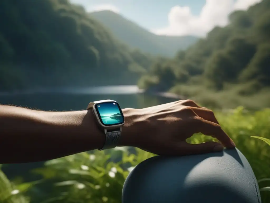 Pulsera inteligente con escenas relajantes: naturaleza y paz Persona en paz con wearables para autocuidado personalizado, escenas naturaleza tranquilas en pantalla brillante