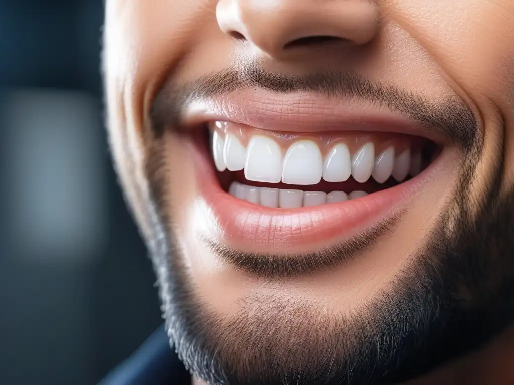 Sonrisa perfecta en moderna clínica dental: imagen 8k Persona sonriente con dientes blancos perfectos en consultorio dental moderno