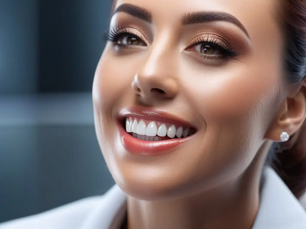 Sonrisa perfecta en clínica dental moderna | Estética dental 8k Persona con sonrisa radiante tras tratamientos dentales cosméticos personalizados en clínica moderna