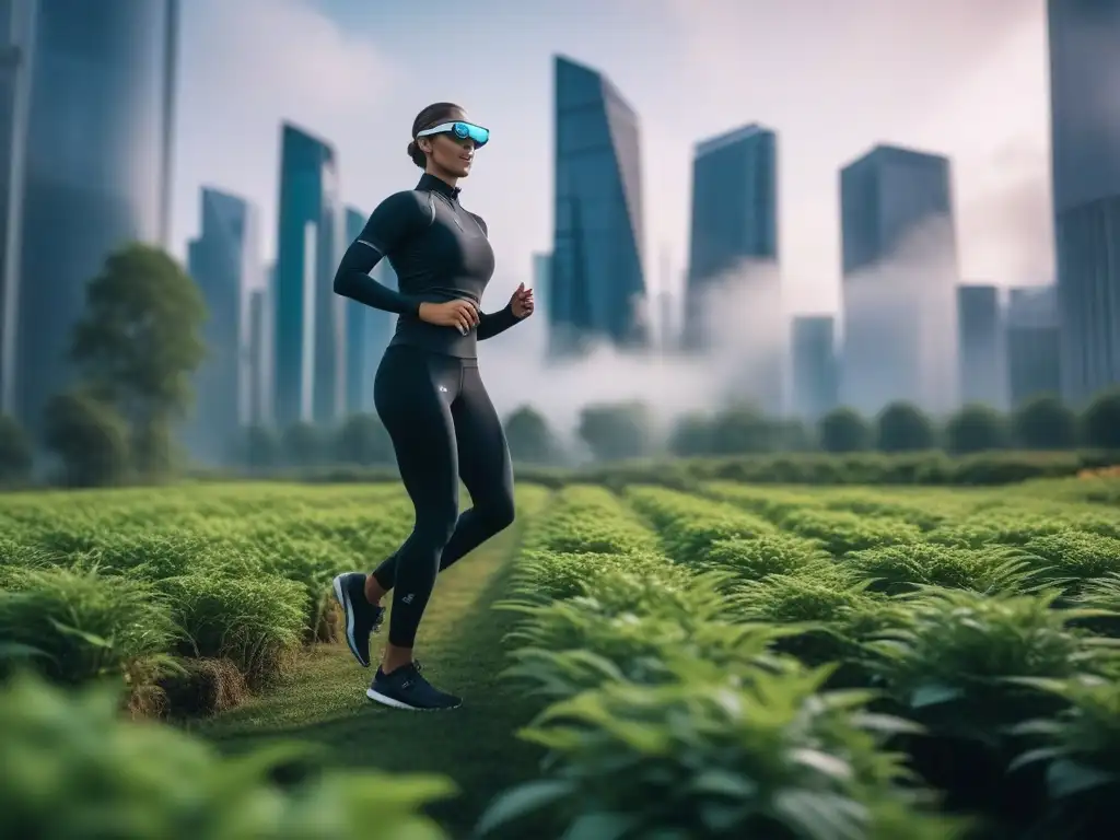 Persona con tecnología wearable futurista en ciudad saludable Persona usando wearables para autocuidado personalizado en ciudad futurista