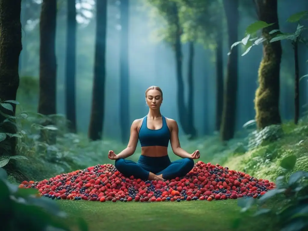 Yoga en el bosque: equilibrio y antioxidantes Persona practicando yoga en un bosque rodeada de frutas antioxidantes, simbolizando equilibrio y bienestar