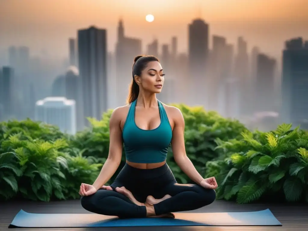 Yoga al amanecer: equilibrio físico y mental en la ciudad Persona practicando yoga al amanecer en terraza, rodeada de plantas, rascacielos y suplementos alta gama salud mental
