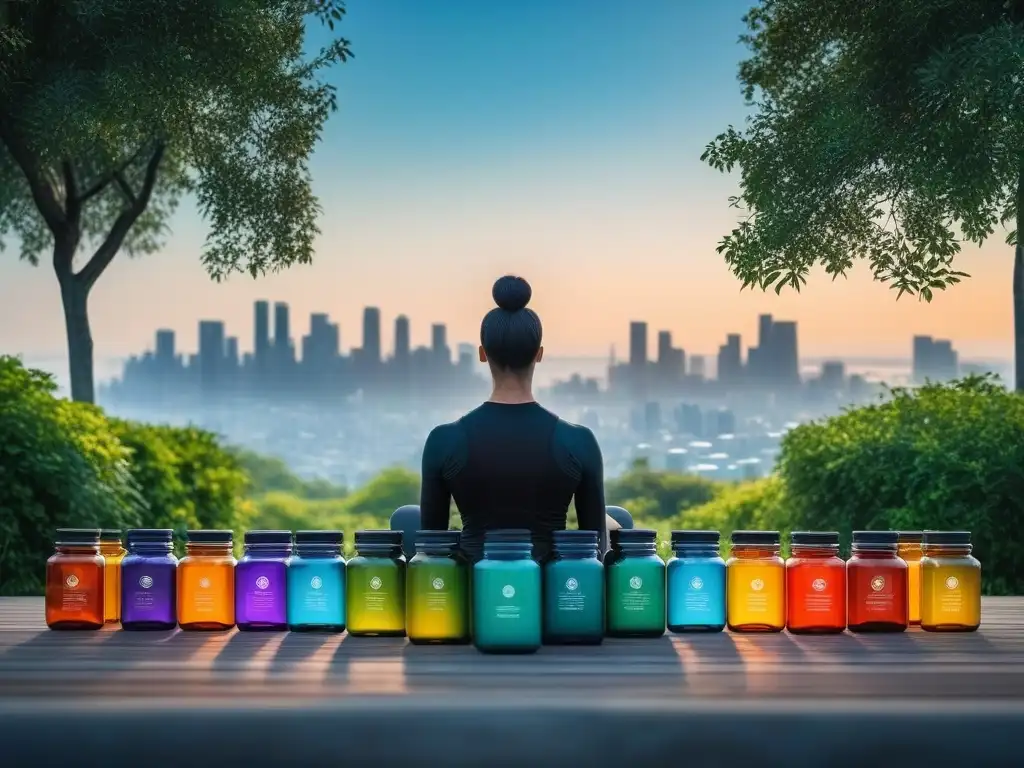 Estilo de vida saludable y colorido en la ciudad Personas diversas disfrutan de actividades saludables rodeadas de suplementos para bienestar emocional diverso en una ilustración vibrante y moderna