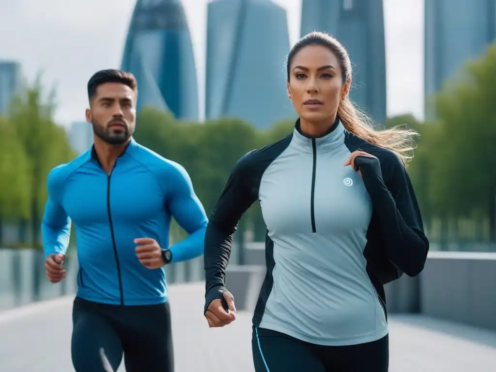 Estilo y tecnología: diversidad en el fitness urbano Personas diversas usando wearables saludables en un parque futurista urbano