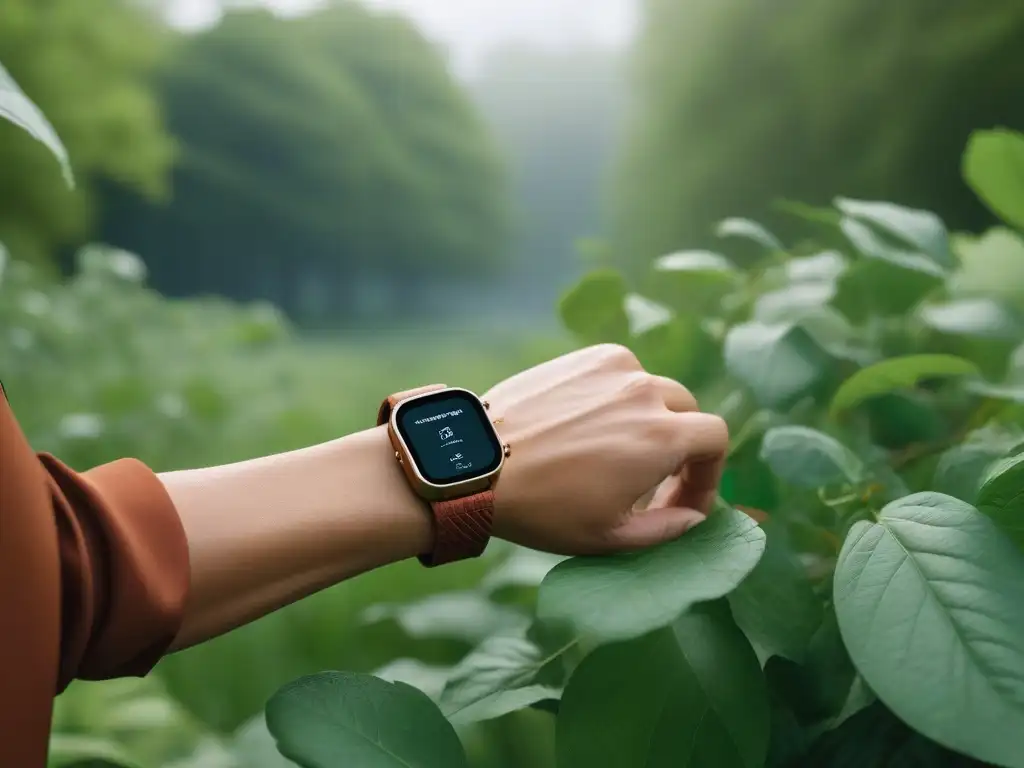 Eco moda tecnológica en parque verde Personas diversas usando wearables sostenibles en un parque verde, fusionando tecnología, moda y sostenibilidad