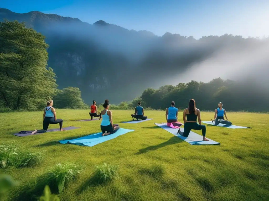 Yoga al aire libre con moda sostenible en pradera verde Personas diversas practican yoga al aire libre en un prado verde con ropa activa sostenible
