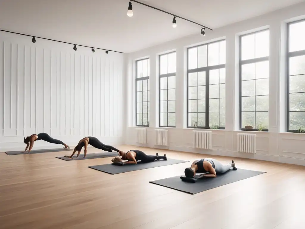 Clase de yoga y pilates en estudio de lujo: diversidad y elegancia Personas diversas practicando yoga y pilates en un lujoso estudio de fitness