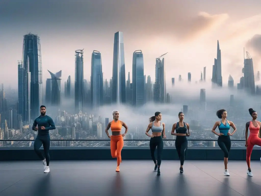 Ropa deportiva adaptable en ciudad futurista Personas diversas haciendo yoga, corriendo y bailando con tejidos adaptativos para todos cuerpos en una ciudad futurista