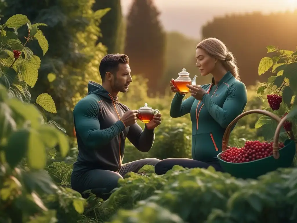 Estilo de vida antioxidante: energía y vitalidad en la naturaleza Personas disfrutando de un estilo de vida antioxidante en un jardín verde, bajo un vibrante atardecer
