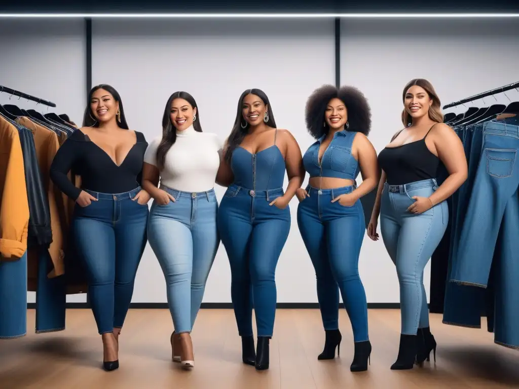 Plussize: Diversidad y autoconfianza probándose jeans en boutique trendy Personas de figura plus prueban alegremente jeans en boutique de moda