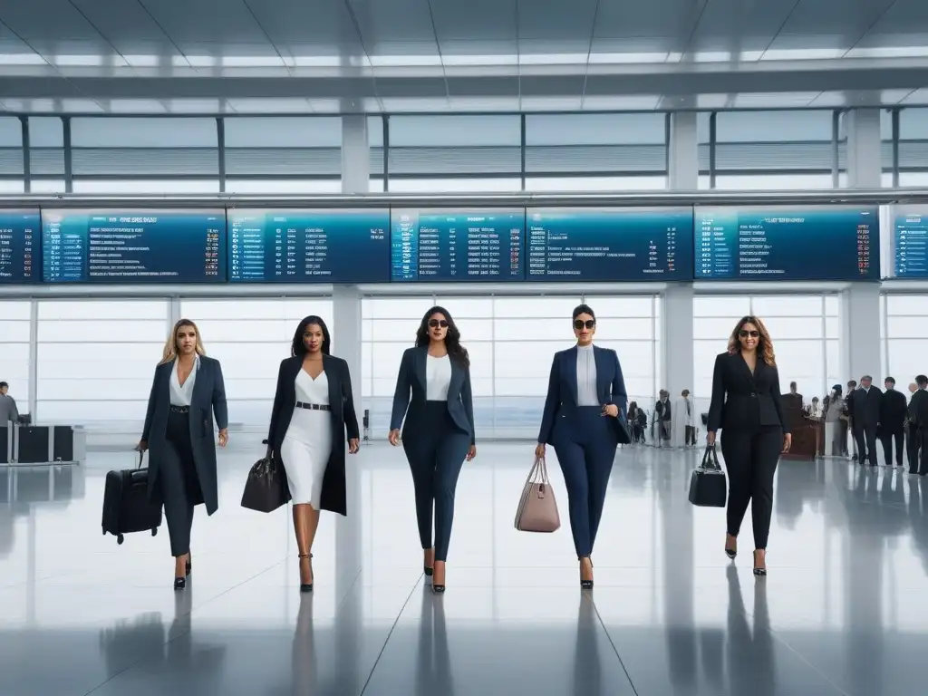 Estilos de viaje: diversidad de tallas y estilos en un guardarropa cápsula Personas de diferentes tallas y formas muestran su versátil y elegante ropa de viaje en un aeropuerto