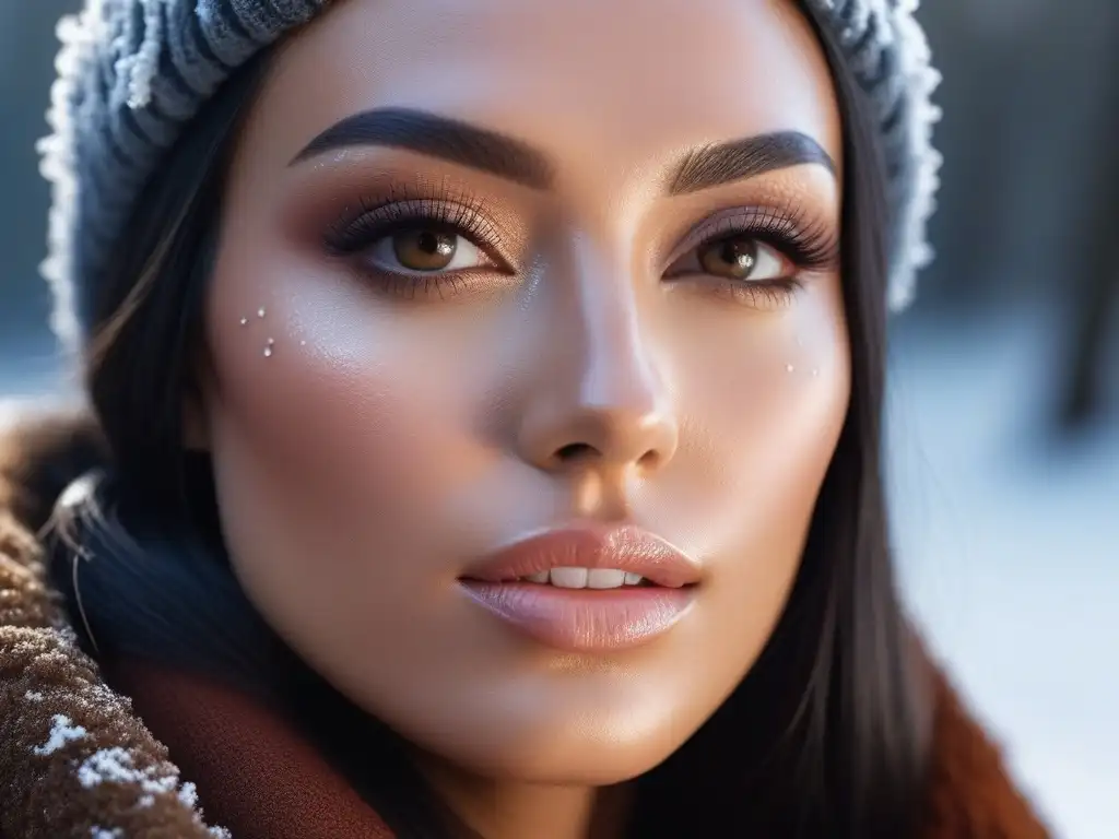 Piel radiante y luminosa en invierno: cuidado facial efectivo Piel radiante en invierno: rostro luminoso con textura suave y brillo sutil, contrastando con el paisaje nevado