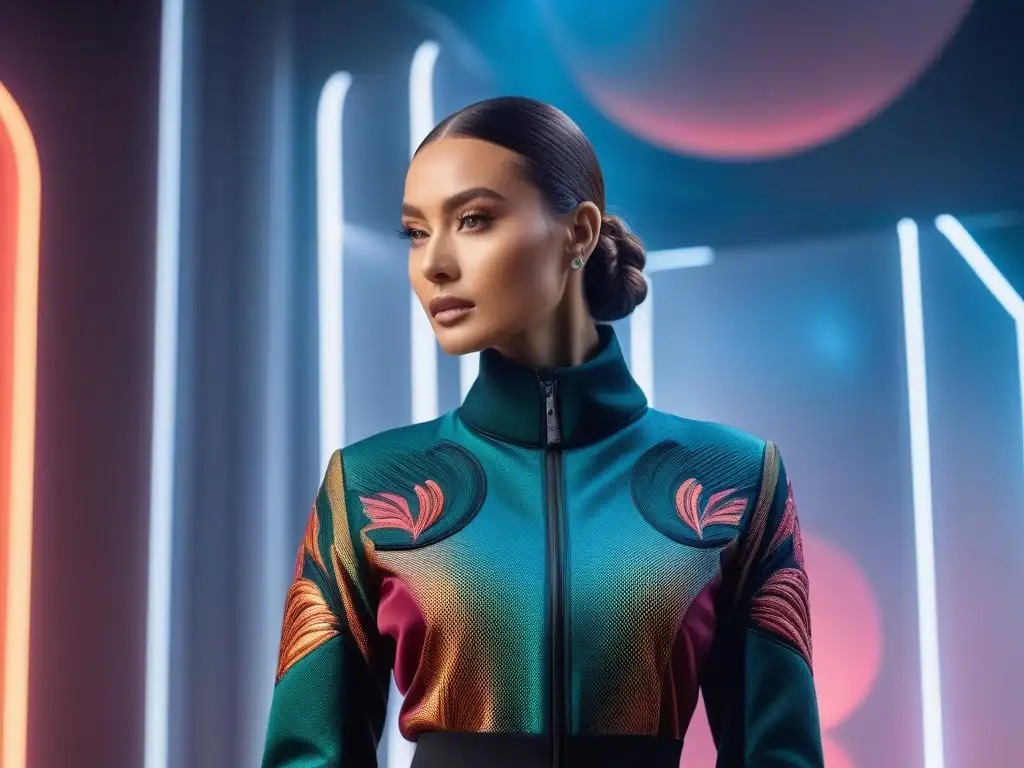 Moda de lujo sostenible: diseño innovador en un entorno futurista Una pieza de moda de lujo sostenible con colores vibrantes y texturas únicas, en un entorno futurista