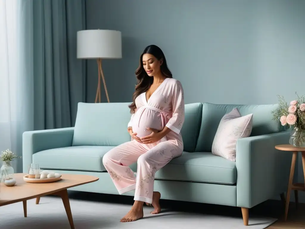Embarazo sereno: Mujer en pijama de maternidad elegante y acogedor Pijamas maternidad cómodos y estilosos: Mujer embarazada relajada en sofá, ambiente tranquilo y elegante