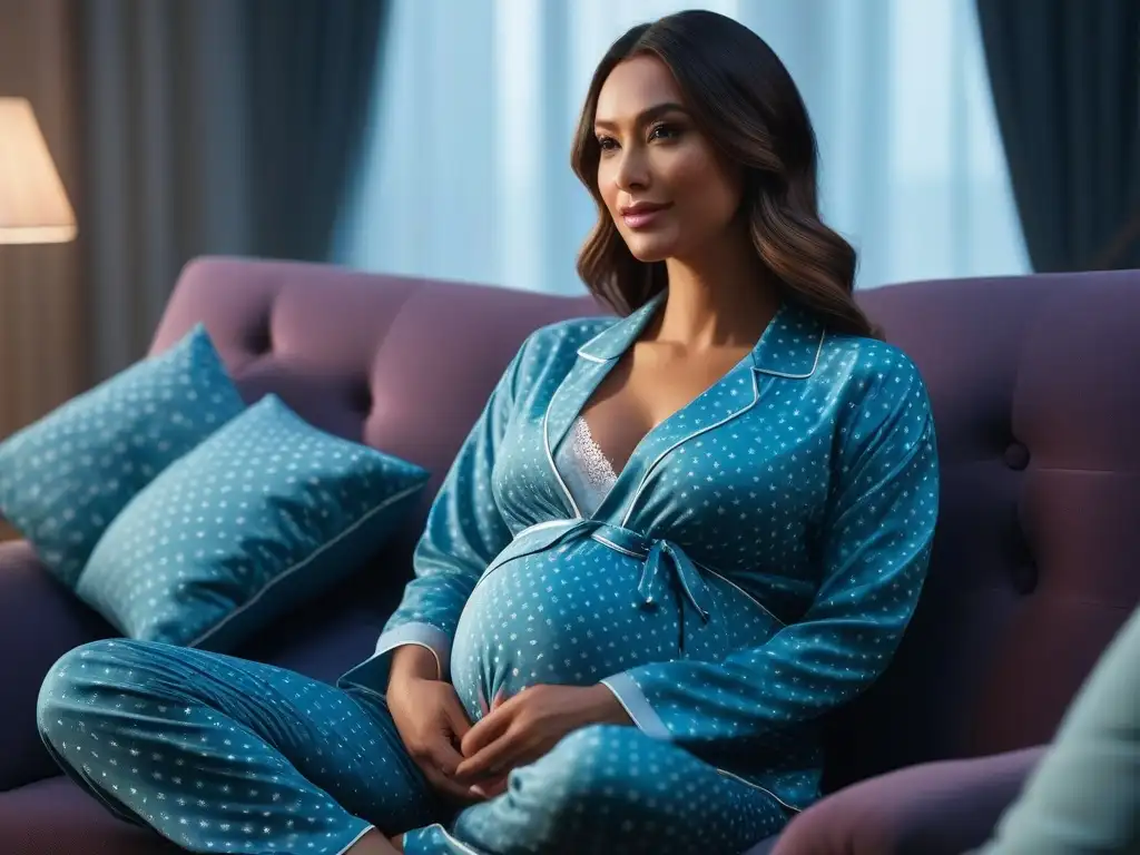 Moderna embarazada relajada en pijama de maternidad elegante Pijamas maternidad cómodos y estilosos: mujer embarazada relajada en un set elegante, sonriendo en una habitación acogedora