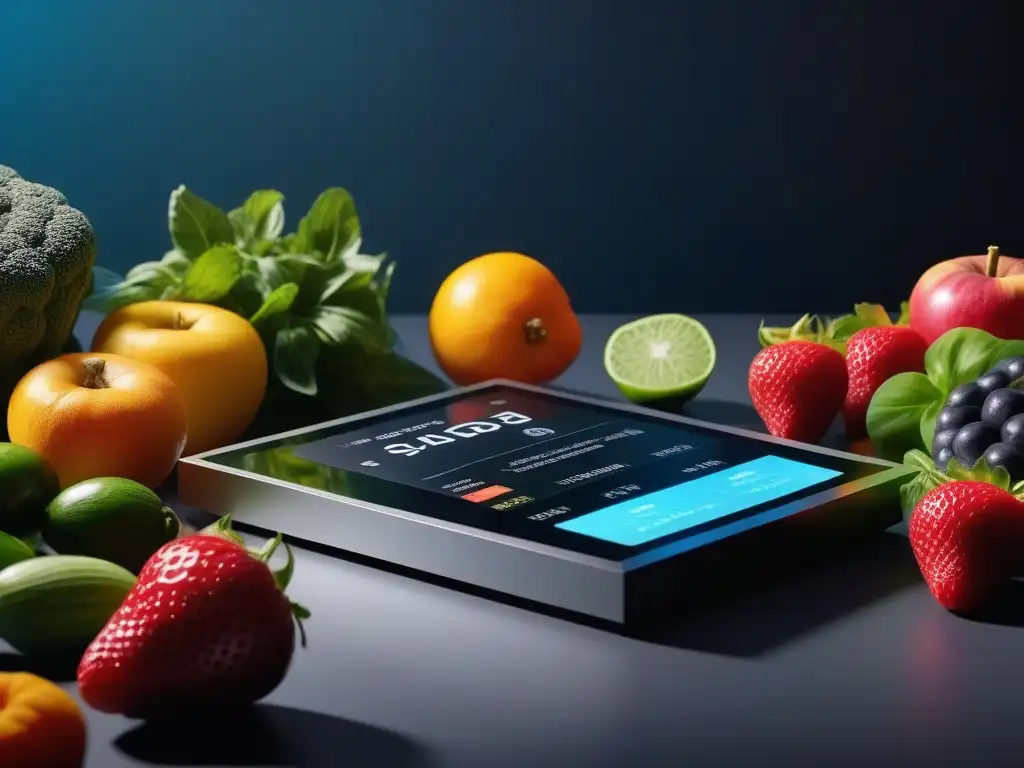 Plan holográfico de suplementos: integración perfecta en la dieta saludable Un plan holográfico de suplementos dietéticos para máxima eficacia proyectado sobre un dispositivo inteligente, rodeado de frutas y verduras frescas