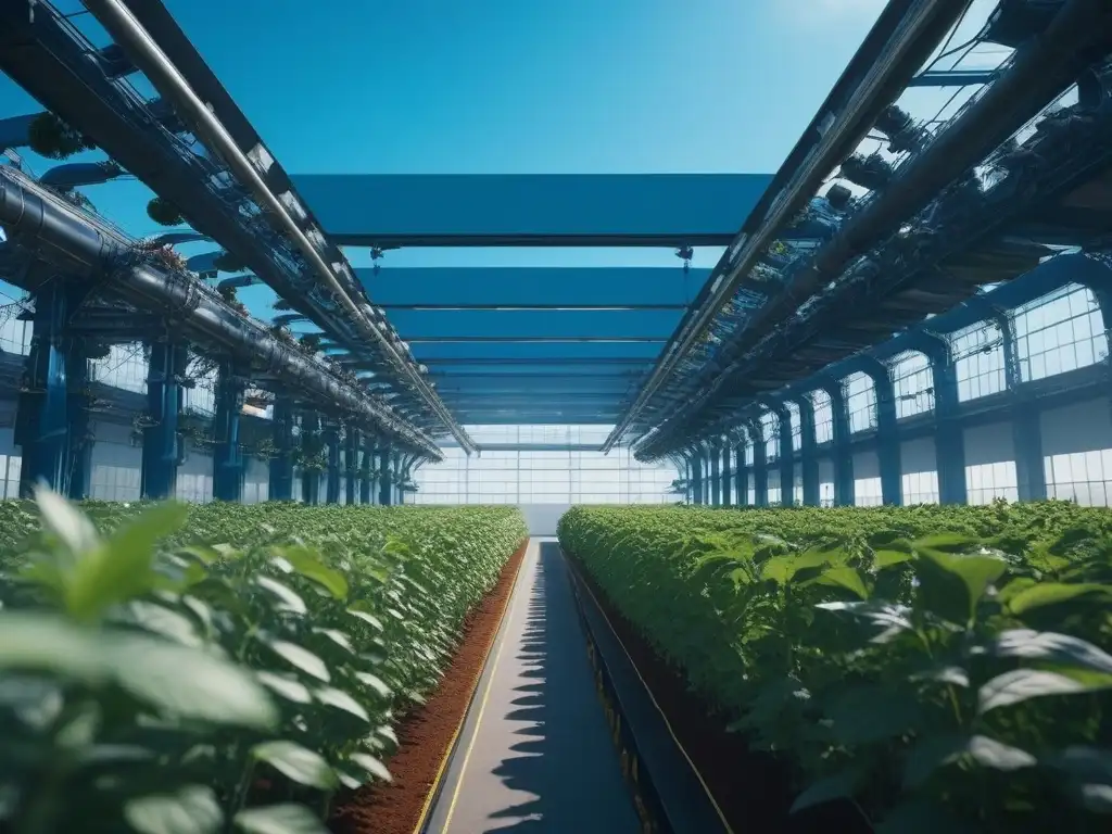 Planta futurista de moda sostenible: robótica y naturaleza Planta de moda ecoconsciente tallas especiales futuras con brazos robóticos creando prendas ecoamigables, entre naturaleza y tecnología