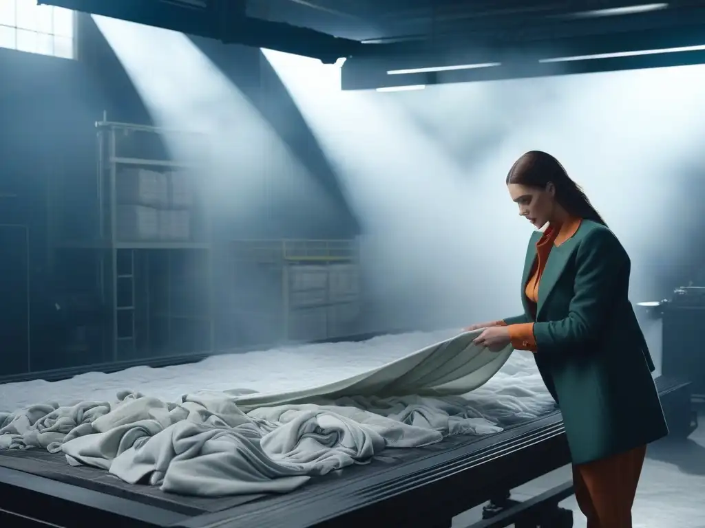 Planta textil del futuro: transformando la moda con tecnología sostenible Una planta de reciclaje textil futurista con cintas transportadoras llevando fardos de ropa vieja para convertirla en tejidos innovadores