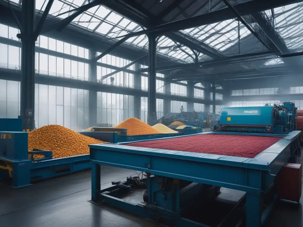 Planta reciclaje textil futurista: Transformación sostenible Planta de reciclaje textil futurista con maquinaria de última generación clasificando fibras recicladas coloridas en un espacio industrial luminoso