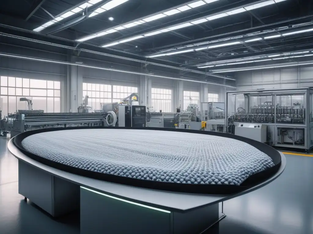 Planta textil futurista creando telas innovadoras con materiales reciclados Una planta textil futurista con maquinaria avanzada creando tejidos innovadores a partir de materiales reciclados