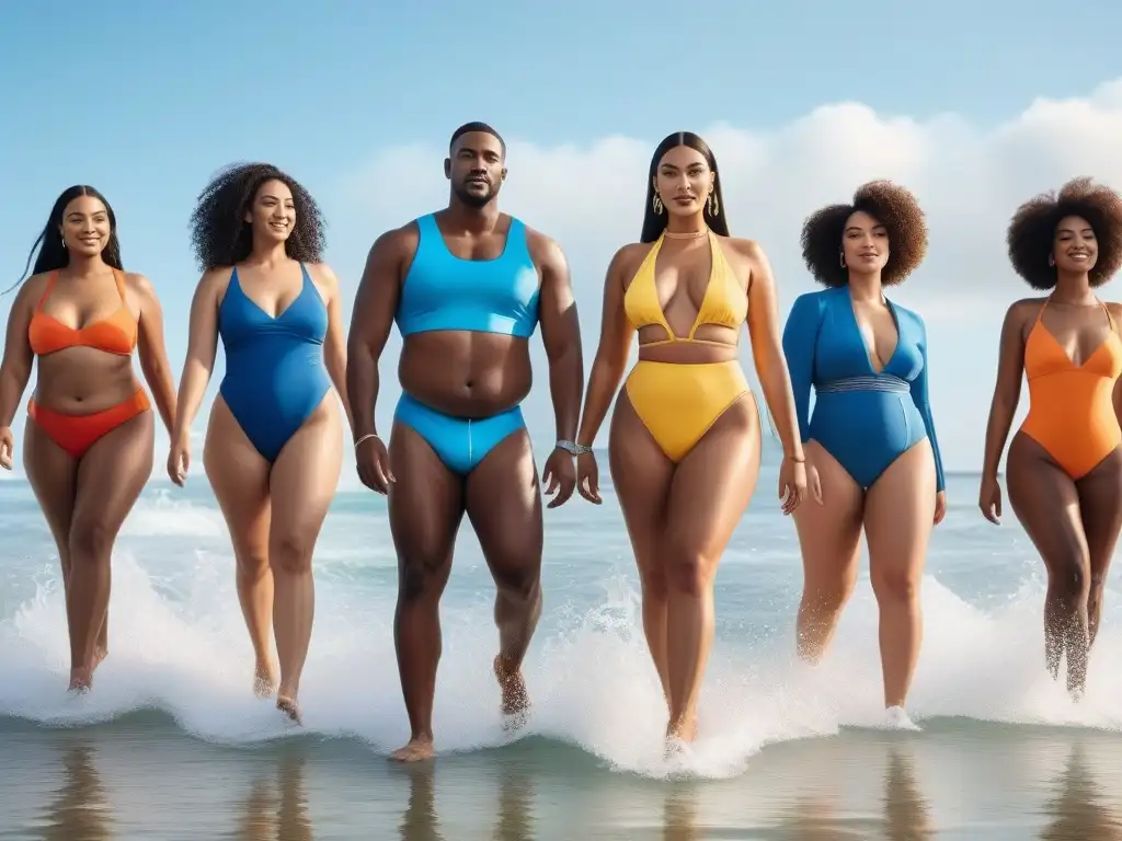 Moda de baño inclusiva 2023: diversidad y alegría en la playa Una playa vibrante con personas diversas, felices y seguras, luciendo la moda inclusiva del verano