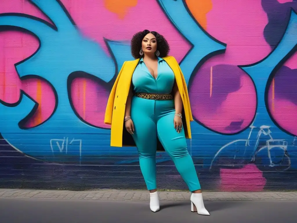 Influencer de moda plus size: empoderamiento urbano Influencer plus size tallas especiales posando con confianza frente a graffiti colorido
