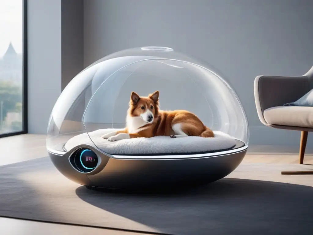 Pod de relajación para mascotas de lujo y alta tecnología Un pod de relajación futurista para mascotas: lujoso diseño con cojines de terciopelo, iluminación ambiental y altavoces de música integrados