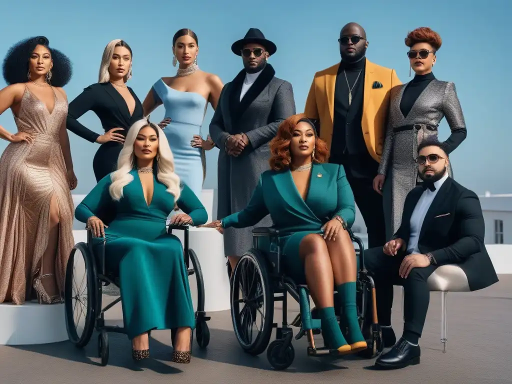 Influencers de moda con discapacidades: diversidad y elegancia Una poderosa imagen de moda inclusiva con influencers con discapacidad, luciendo elegantes y empoderados en un escenario urbano moderno