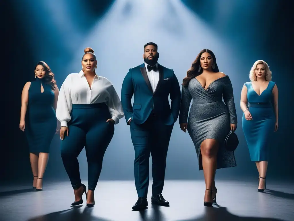 Empoderamiento y estilo: grupo diverso de tallas grandes Una poderosa representación plus size en medios: grupo diverso de personas seguras, modernas y estilosas, unidas en estudio chic