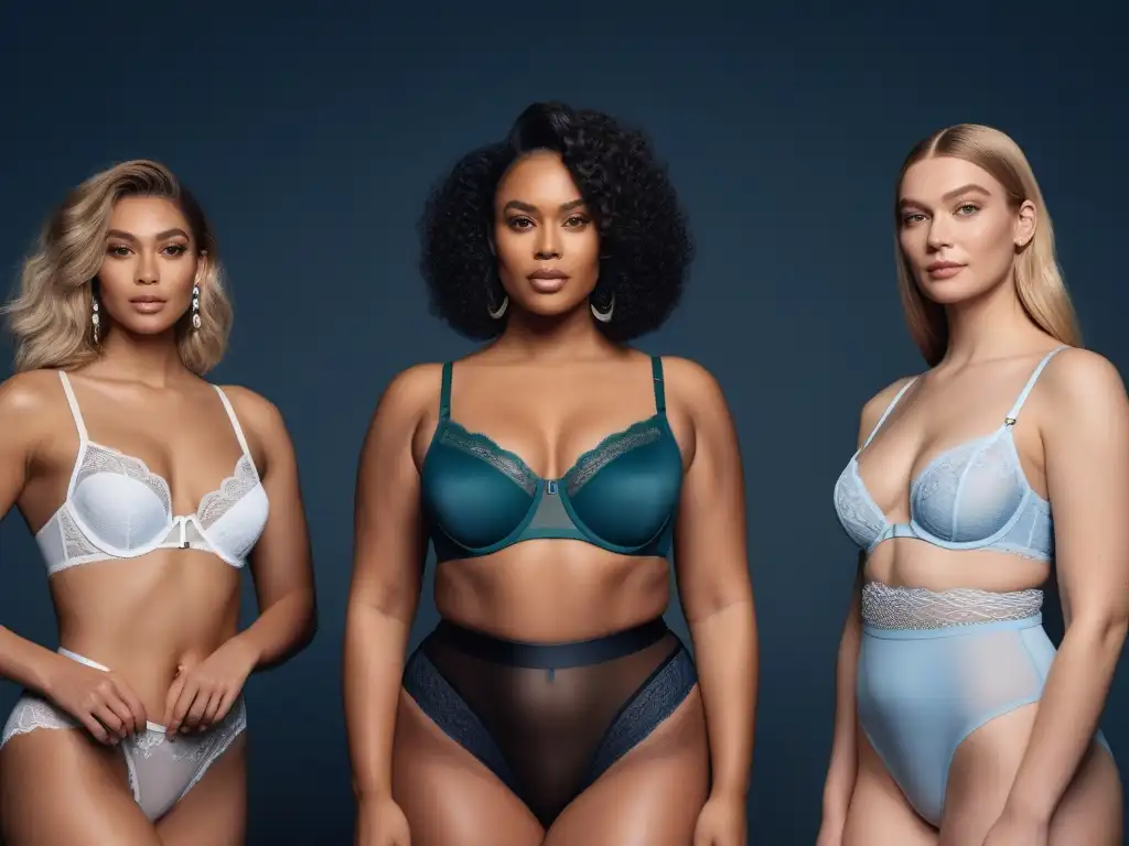 Diversidad en Lencería: Empoderamiento y Belleza Inclusiva Una poderosa muestra de diversidad en diseño de lencería inclusiva, con modelos seguros y empoderados en un estudio minimalista