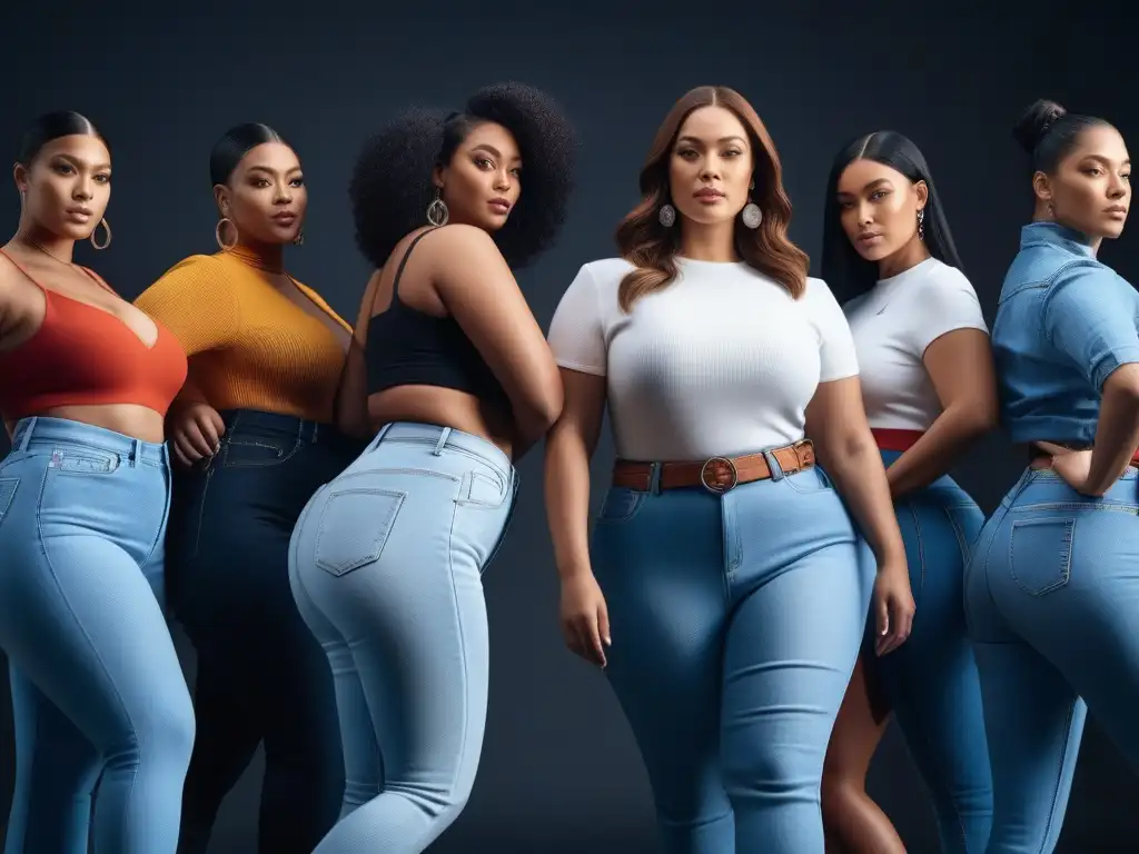 Jeans para todos: diversidad y empoderamiento en la moda Una poderosa representación visual de la moda inclusiva: diversos individuos luciendo diversos estilos de jeans, mostrando confianza y empoderamiento