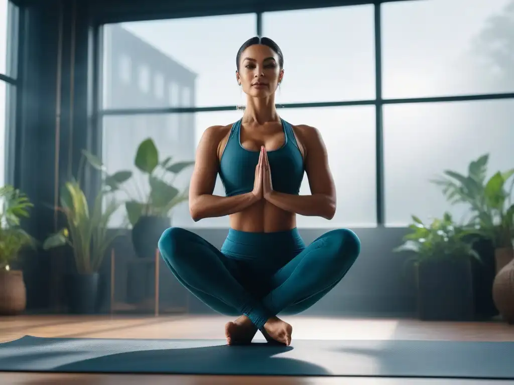 Yoga pose: mujer fuerte y flexible en estudio inspirador Práctica de yoga premium en estudio luminoso para cuerpos petite