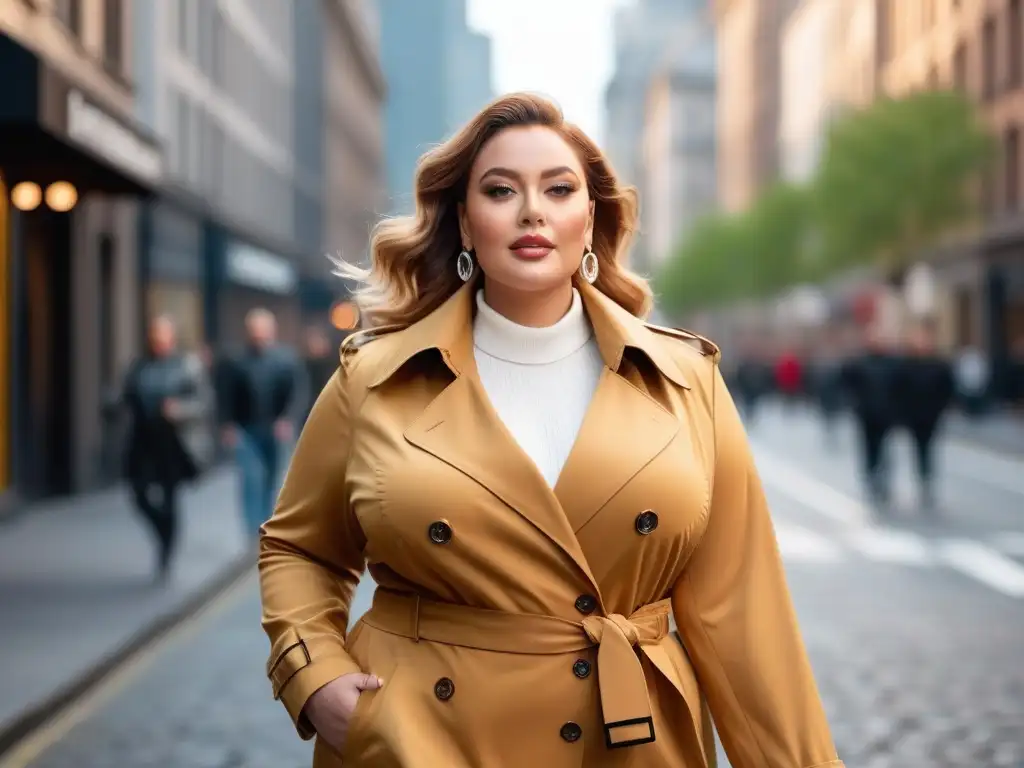 Elegante mujer plus size en la ciudad Prendas esenciales armario estilo plus: Mujer plus elegante y segura en la ciudad con trench camel y sonrisa radiante