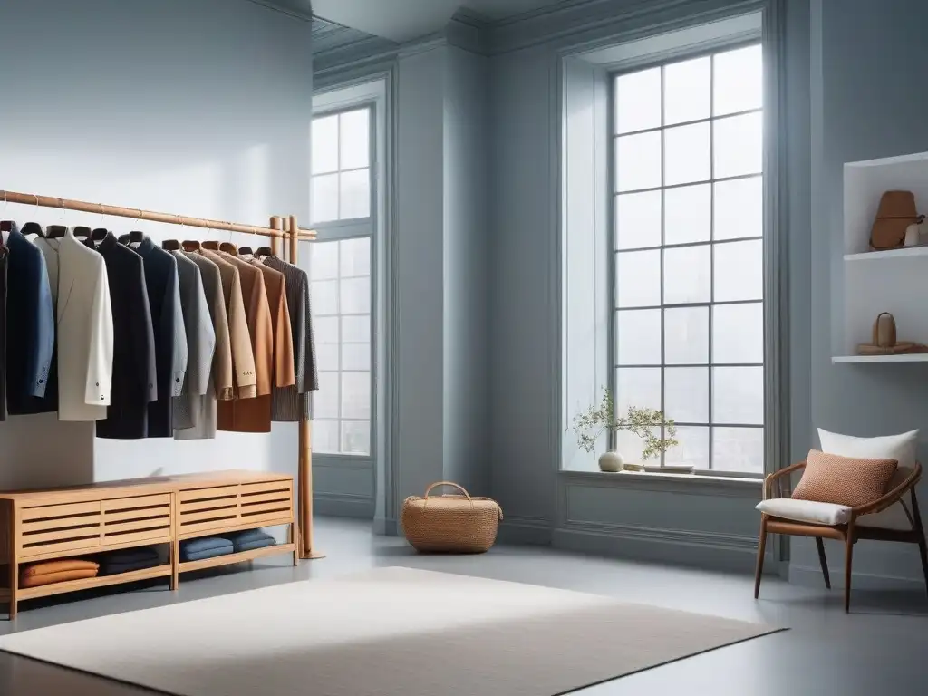 Armario futurista y sostenible con prendas eco en un ambiente chic Guardarropa futurista con prendas sostenibles en ambiente eco, tendencias ecoconscientes en la moda
