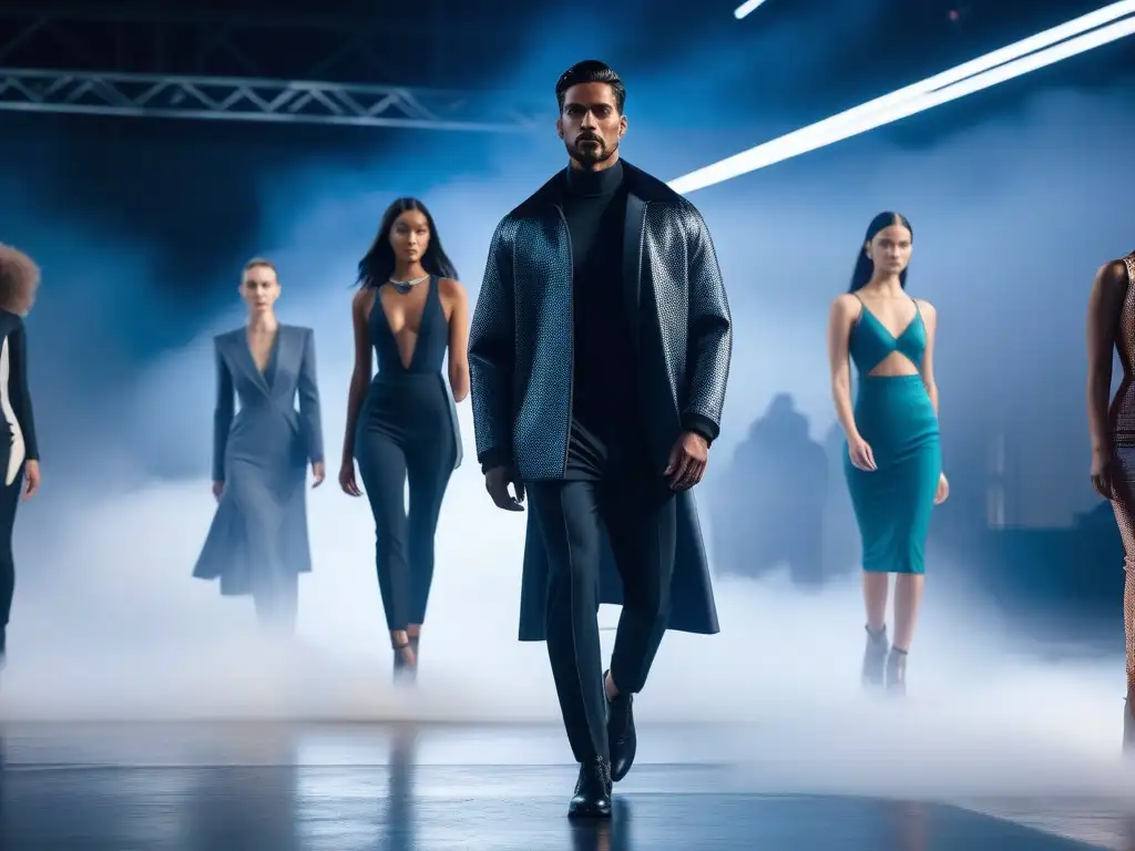 Desfile futurista de moda con telas adaptativas innovadoras Una presentación futurista de modelos luciendo tejidos adaptativos para moda inclusiva en una pasarela innovadora