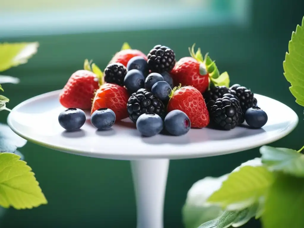 Deliciosas frutas antioxidantes en plato blanco Una presentación vibrante de frutas antioxidantes en un plato blanco, iluminado por la luz del sol a través de una ventana