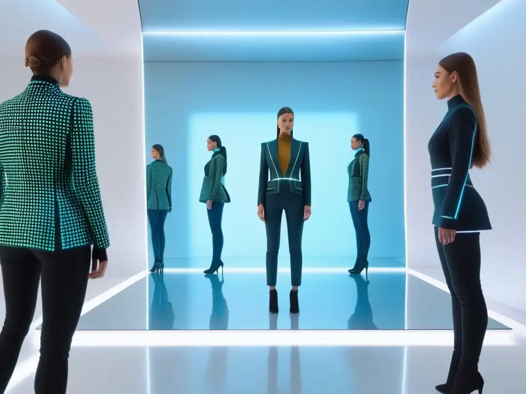 Futurista sala de probadores virtuales: moda y tecnología fusionadas Un probador virtual futurista donde la tecnología en moda de tallas se fusiona con la emoción de probar diferentes atuendos