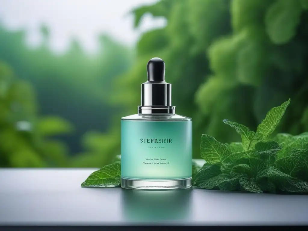 Producto de belleza de lujo en empaque elegante y sostenible Producto de belleza de alta gama sostenible en elegante tocador minimalista con fondo de vegetación exuberante