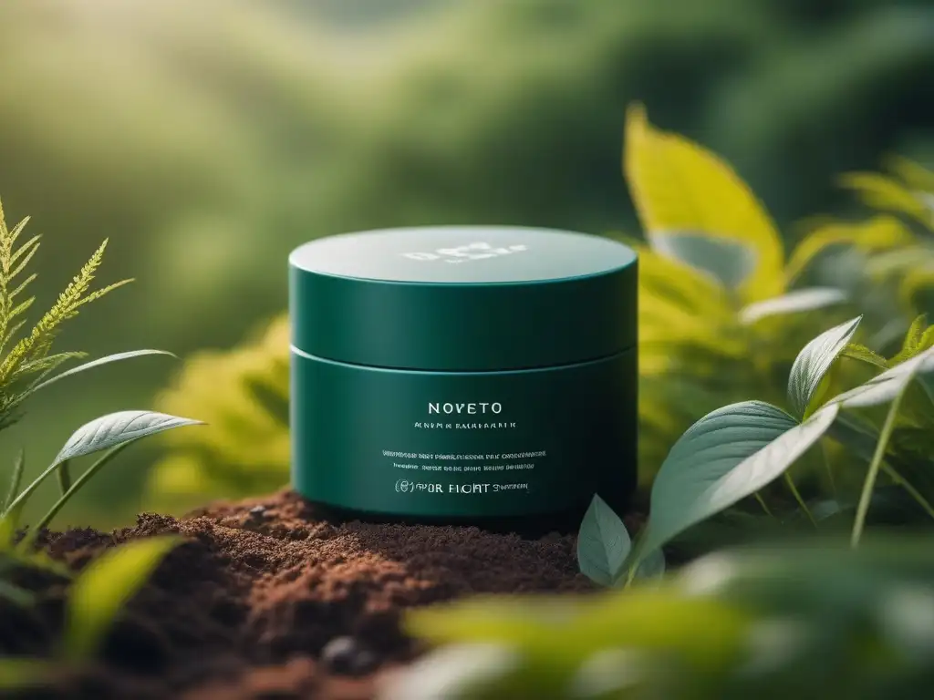 Producto de belleza de lujo eco-friendly rodeado de naturaleza exuberante Producto de belleza de alta gama sostenible rodeado de vegetación exuberante y reflejado en una superficie elegante