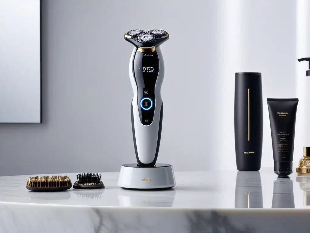 Dispositivo de peinado futurista de alta gama en mármol Producto de belleza para el cabello de alta gama en moderno dispositivo futurista en mostrador de mármol