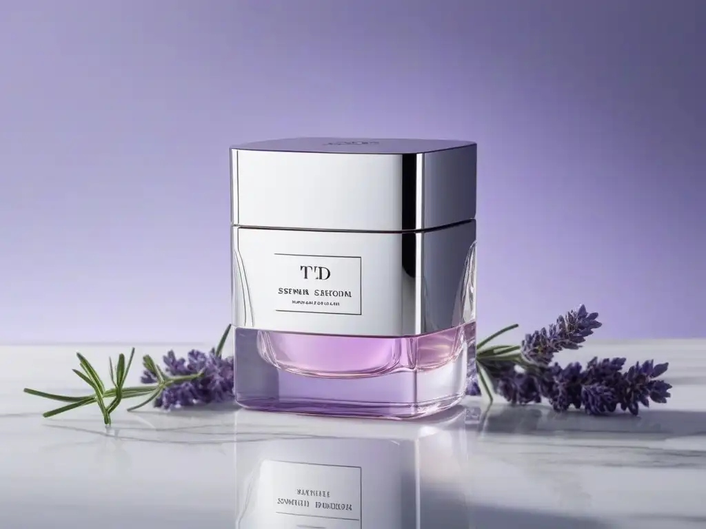 Producto de belleza de lujo: diseño elegante y moderno Producto de belleza de lujo del 2023 en envase metálico reflejando luz suave, rodeado de lavanda y pétalos de rosa en mármol