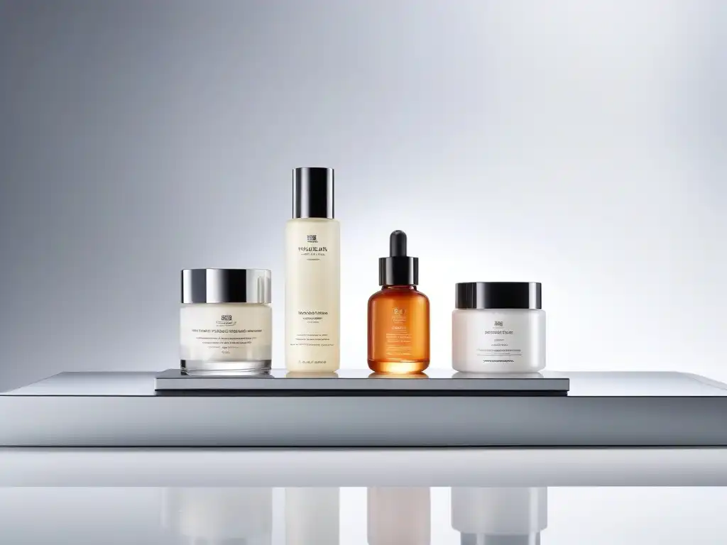Productos de lujo para la piel: Retinol, ácido hialurónico y vitamina C Productos de belleza de alta gama con ingredientes de lujo sobre superficie elegante y reflectante